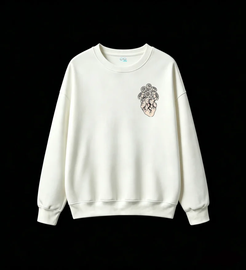 Buzo Cuello Redondo Algodón Estampado Corazón Floral Arte Minimalista