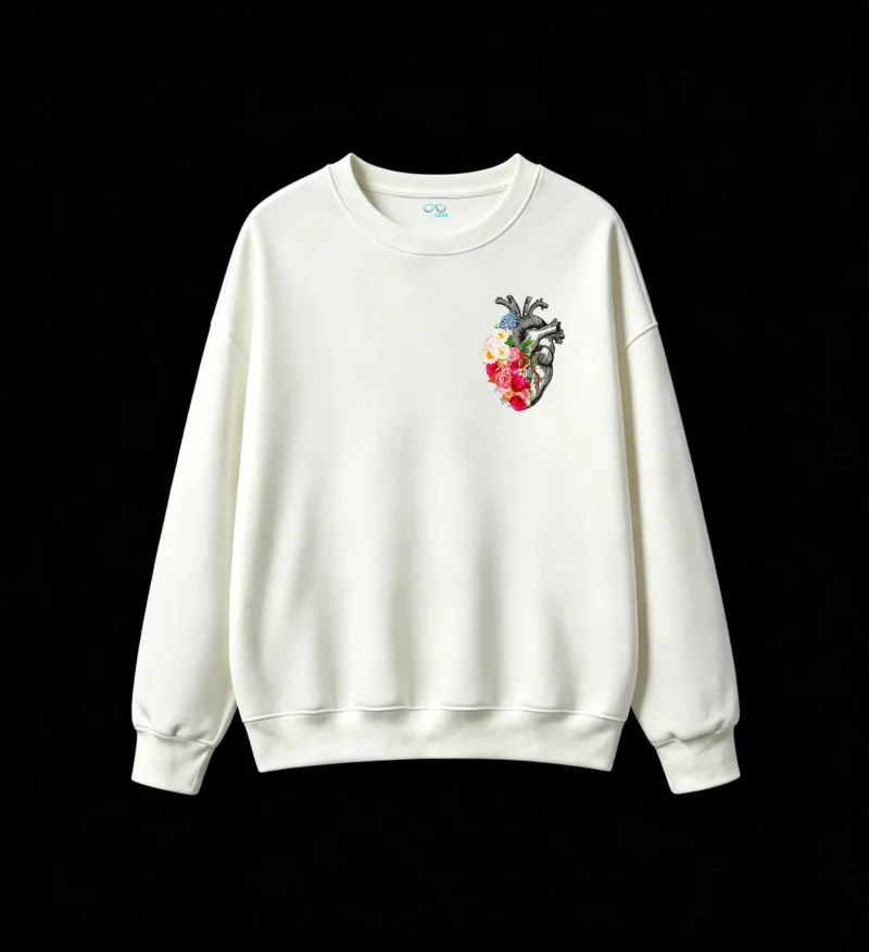 Buzo Cuello Redondo Algodón Estampado Corazón Floral Diseño Artístico