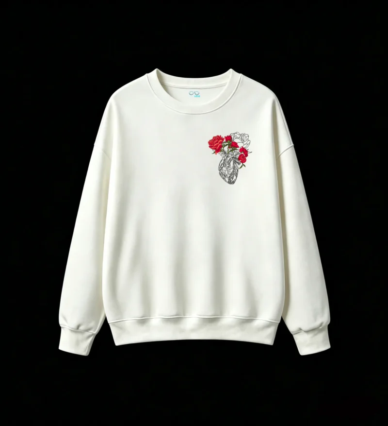 Buzo Cuello Redondo Algodón Estampado Corazón Flores Diseño Artístico
