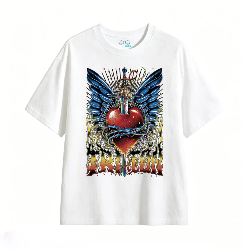 Remera Algodón Estampado Corazón Espada Alas Rock Vintage