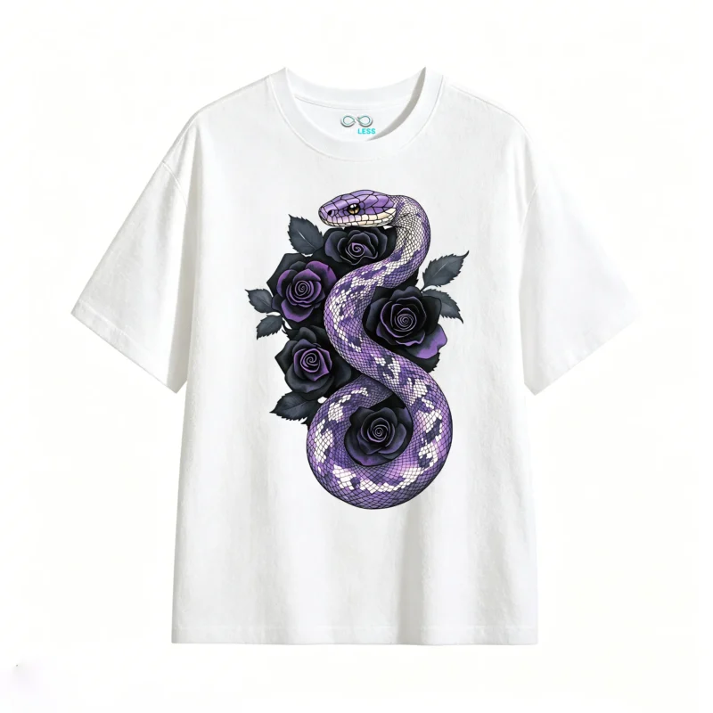 主图_2 Remera Algodón Serpiente Rosas Violetas Estampado Gotico