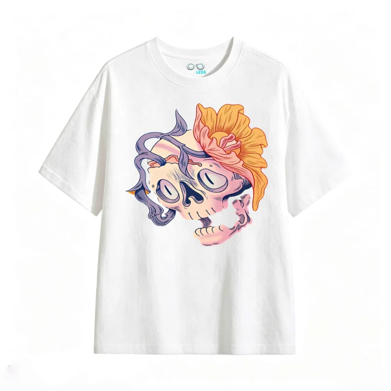主图_2 Remera Algodón Estampado Calavera Flores Arte Urbano Premium