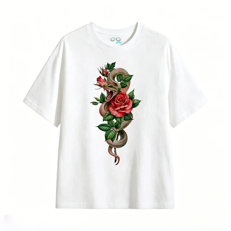 Remera Algodón Estampado Serpiente Rosa Tattoo Art Premium