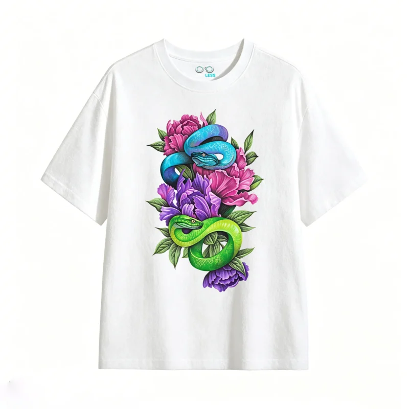 Remera Algodón Estampado Serpientes Flores Diseño Artístico