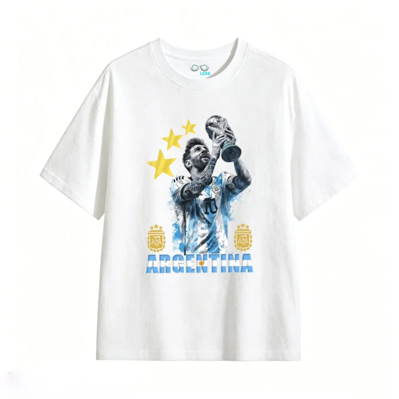 Remera Algodón Messi Campeón Tres Estrellas Copa Mundial Argentina