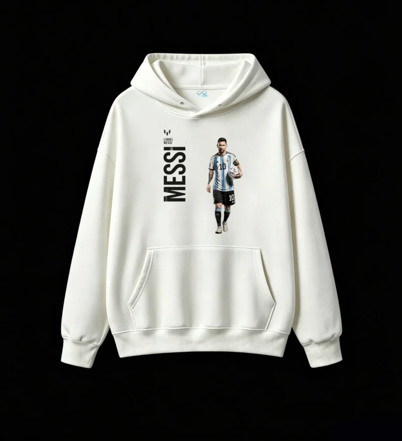 Buzo capucha polar Messi, figura y texto vertical para hinchas argentinos