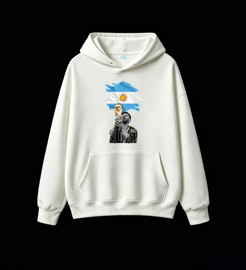 Buzo polar GOAT Messi con bandera argentina y trofeo del Mundial