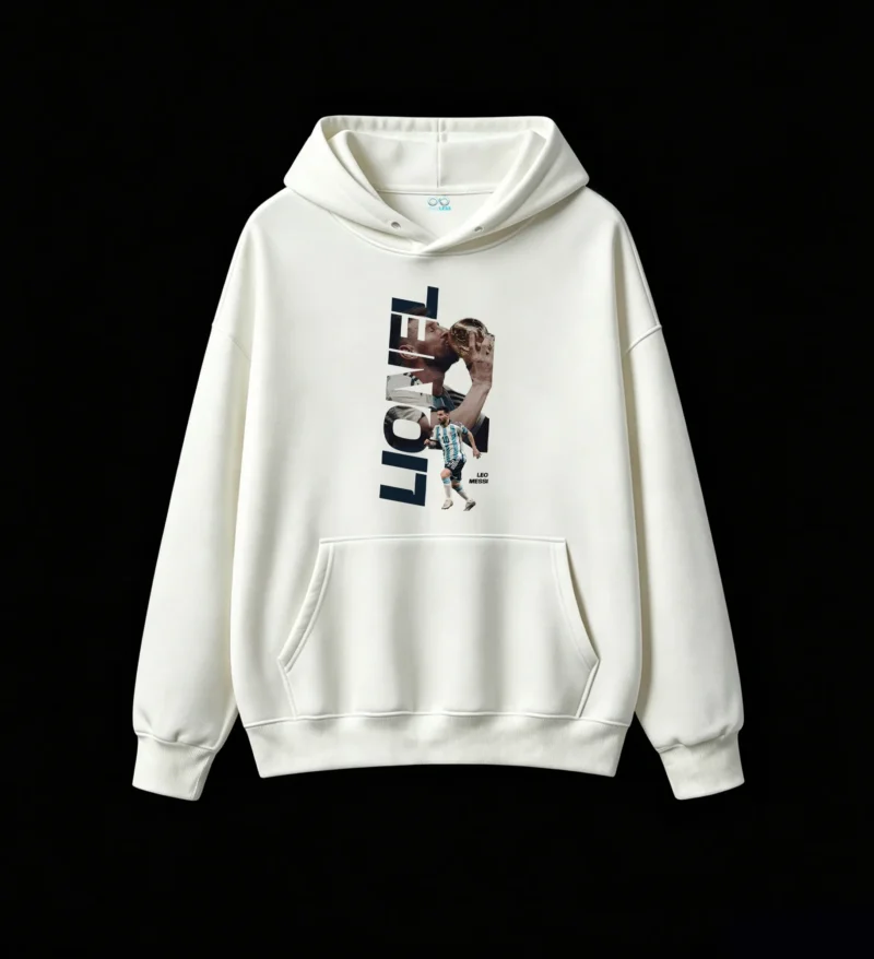 Buzo polar Lionel Messi besando Copa Mundial, diseño de letras verticales
