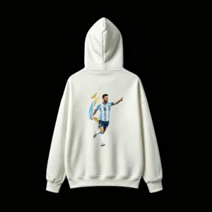 Buzo capucha polar Messi, estampa trasera de celebración para hinchas argentinos