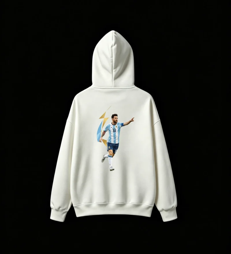 Buzo capucha polar Messi, estampa trasera de celebración para hinchas argentinos