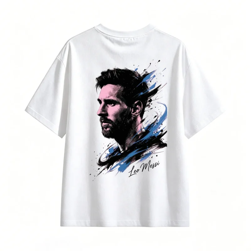 Remera algodón retrato artístico de Leo Messi con efecto salpicadura