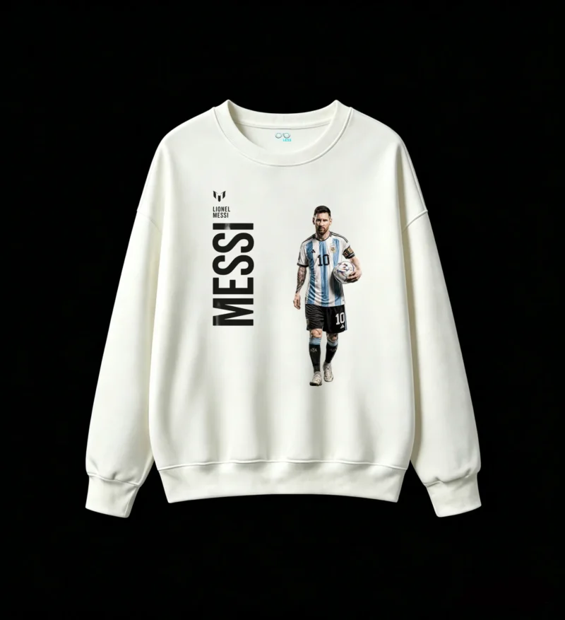Sudadera polar cuello redondo, estampa figura Messi y letras verticales