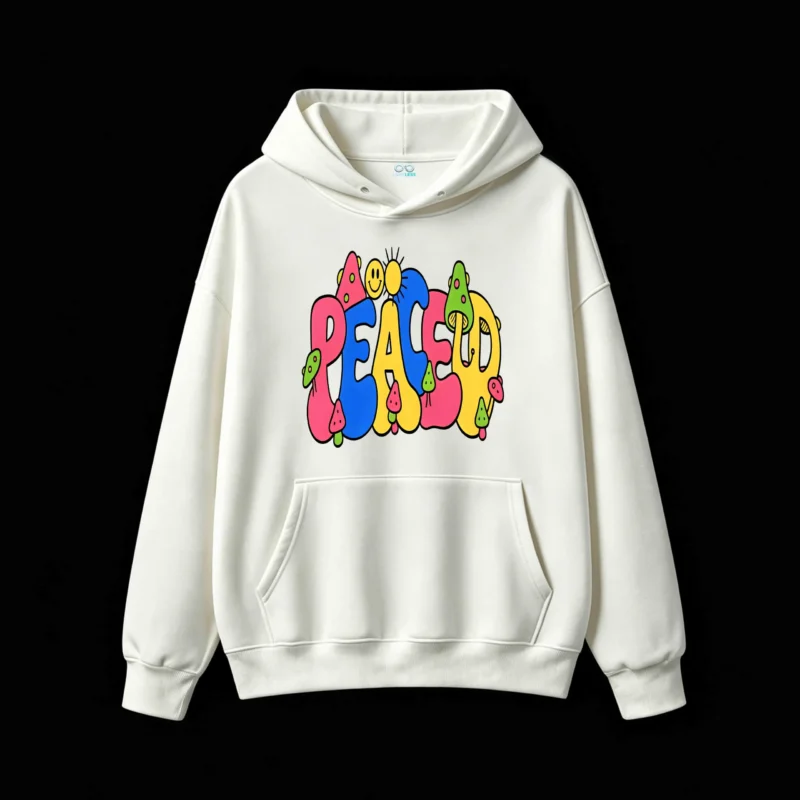 Buzo capucha hippie retro, estampa paz color