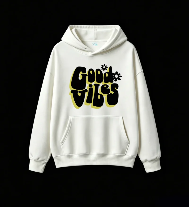 Buzo capucha Good Vibes, diseño retro