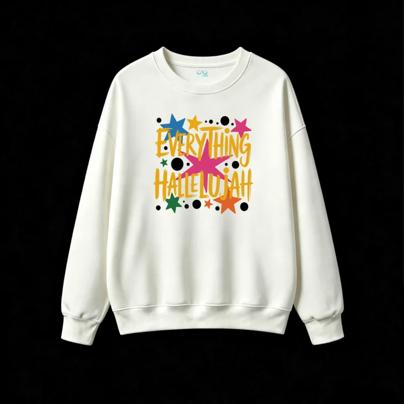 Buzo cuello redondo, estampa Everything Hallelujah moderno