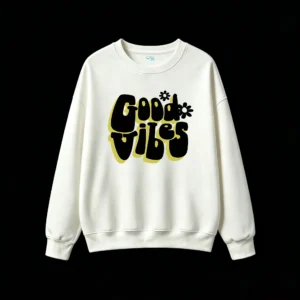 Buzo cuello redondo, estampa Good Vibes vintage casual