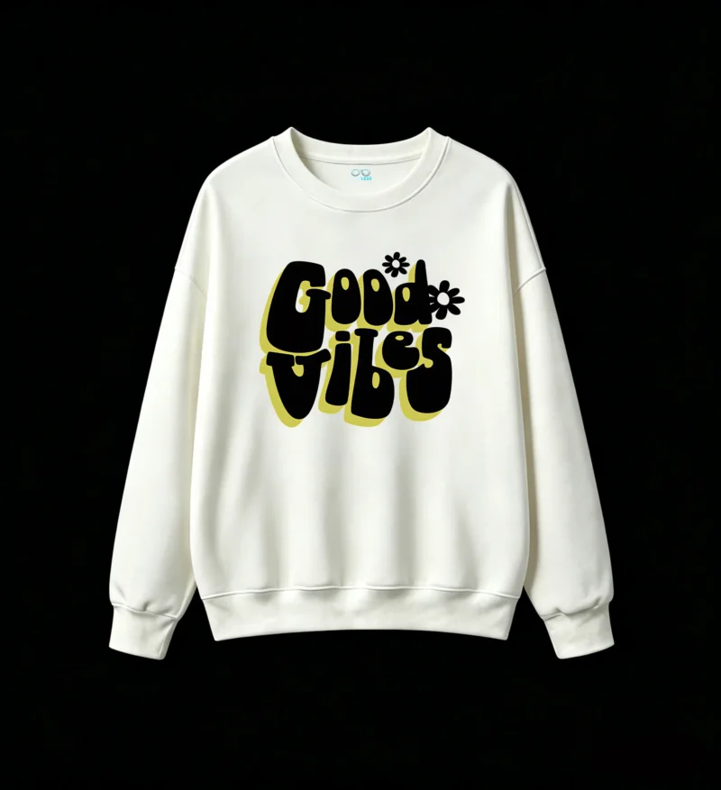 Buzo cuello redondo, estampa Good Vibes vintage casual