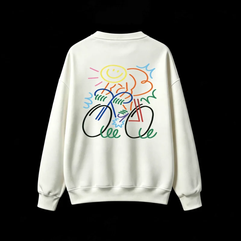 Buzo cuello redondo, estampa bicicleta y sol arte pop