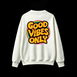 Buzo cuello redondo, estampa Good Vibes retro