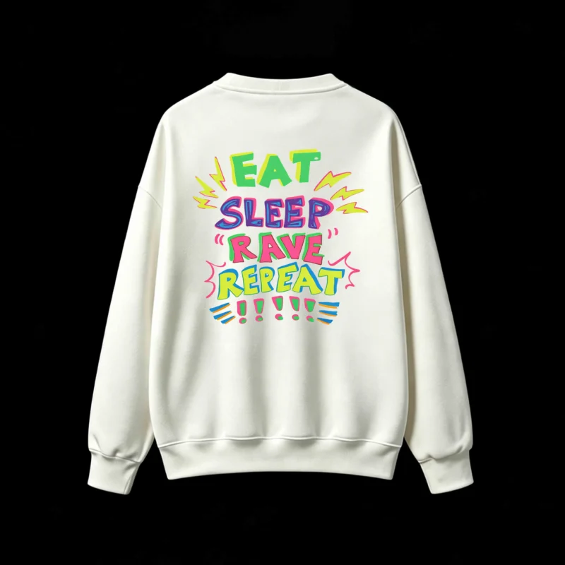 Buzo cuello redondo, estampa Eat Sleep Rave festival pop