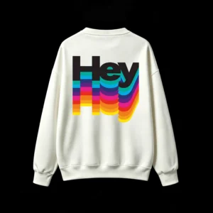 Buzo cuello redondo, estampa Hey arcoíris retro