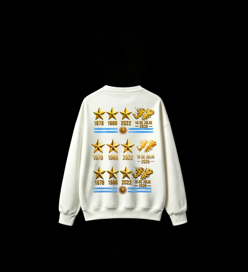 无帽白背 Buzo cuello redondo Argentina 3 estrellas, doble estampado oversize unisex