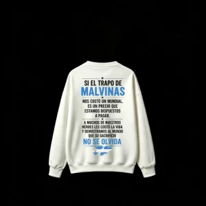无帽白背 Buzo cuello redondo Malvinas 3 estrellas, doble estampado oversize