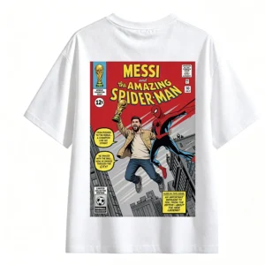 无帽白背 Remera Messi Spiderman Copa Mundial algodón oversize unisex
