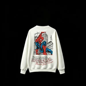 无帽白背 Buzo cuello redondo Spiderman, doble estampado oversize algodón