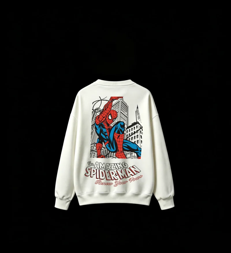 无帽白背 Buzo cuello redondo Spiderman, doble estampado oversize algodón