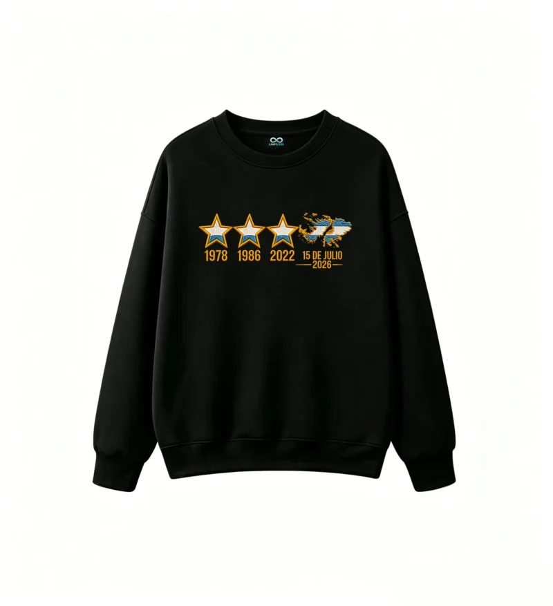 无帽黑卫正 Buzo cuello redondo Argentina 3 estrellas, doble estampado oversize unisex