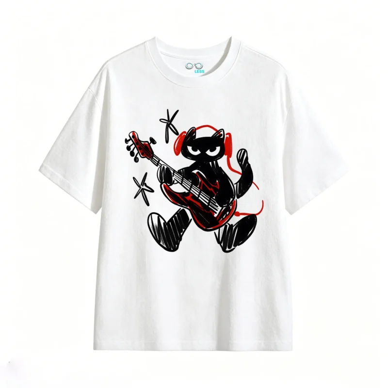 白t Devil Cartoon Playing Electric Guitar Back Print T-Shirt