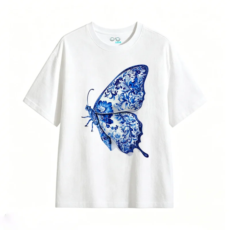 Blue Porcelain Butterfly Back Print T-Shirt