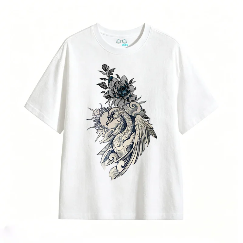Elegant Swan Floral Back Print T-Shirt