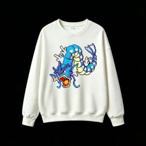 白卫 Vintage Pixel Art Water Dragon Back Print Crew Neck Sweatshirt