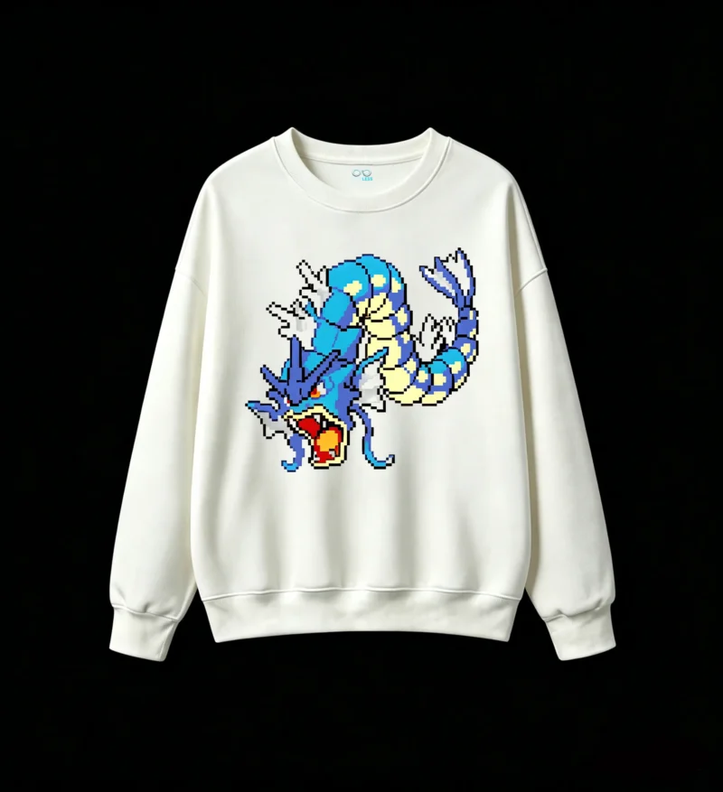 白卫 Vintage Pixel Art Water Dragon Back Print Crew Neck Sweatshirt