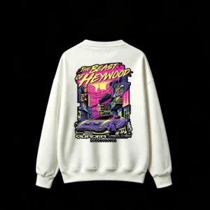 THE BEAST OF HEYWOOD Cyberpunk Quadra Turbo-R Retro Futuristic Neon Cityscape Synthwave Anime Sports Car Graphic Print Oversized Crew Neck Sweatshirt