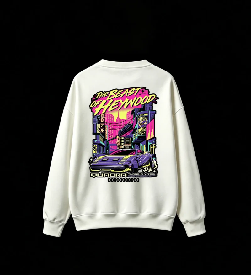 白卫 THE BEAST OF HEYWOOD Cyberpunk Quadra Turbo-R Retro Futuristic Neon Cityscape Synthwave Anime Sports Car Graphic Print Oversized Crew Neck Sweatshirt