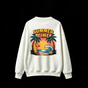 白卫 Retro Summer Time Beach Palm Trees Surfboard Flip Flops Umbrella Wave Starfish Graphic Print - Men Women Casual Oversized Crew Neck Sweatshirt