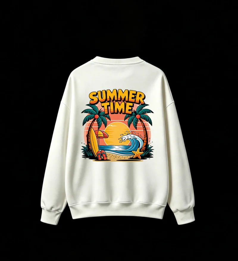白卫 Retro Summer Time Beach Palm Trees Surfboard Flip Flops Umbrella Wave Starfish Graphic Print - Men Women Casual Oversized Crew Neck Sweatshirt