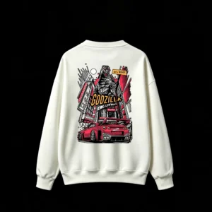 白卫 Godzilla vs Nissan GT-R R35 1985 Retro Arcade Style Japanese Cityscape - Men's Crew Neck Sweatshirt with Dynamic Back Print