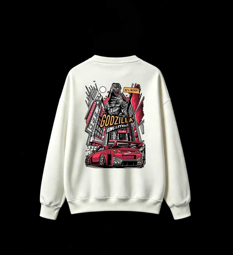 白卫 Godzilla vs Nissan GT-R R35 1985 Retro Arcade Style Japanese Cityscape - Men's Crew Neck Sweatshirt with Dynamic Back Print