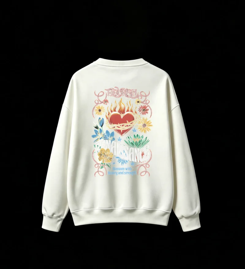 白卫 FLOURISH RENAISSANCE Gothic Flaming Heart Crown of Thorns Floral Graphic Print Oversized Crewneck Sweatshirt for Men Women