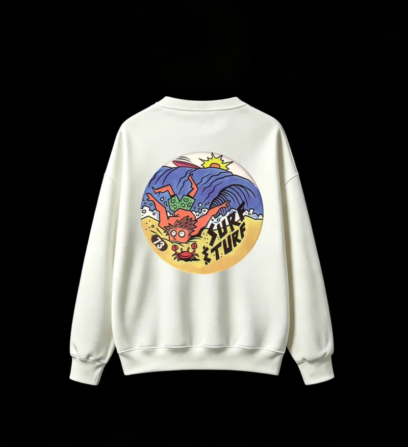 白卫 Surf & Turf 73 Cartoon Surfer Wave Crab Yellow Sun Back Print Crew Neck Sweatshirt - Colorful Graphic Tee
