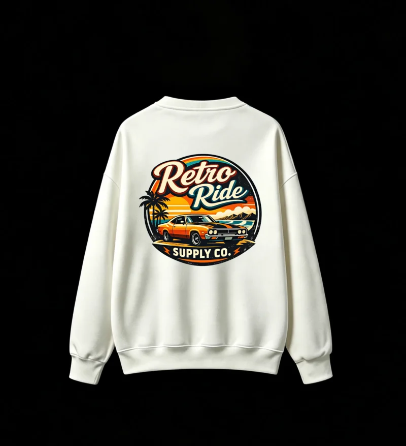 白卫 Retro Ride Vintage Muscle Car Sunset Palm Trees Distressed Emblem - Cool Crew Neck Sweatshirt
