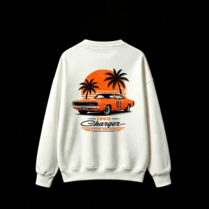 1969 Dodge Charger R/T General Lee 426 Hemi Retro Sunset Palm Trees Graphic Print - Men's Oversized Crew Neck Sweatshirt