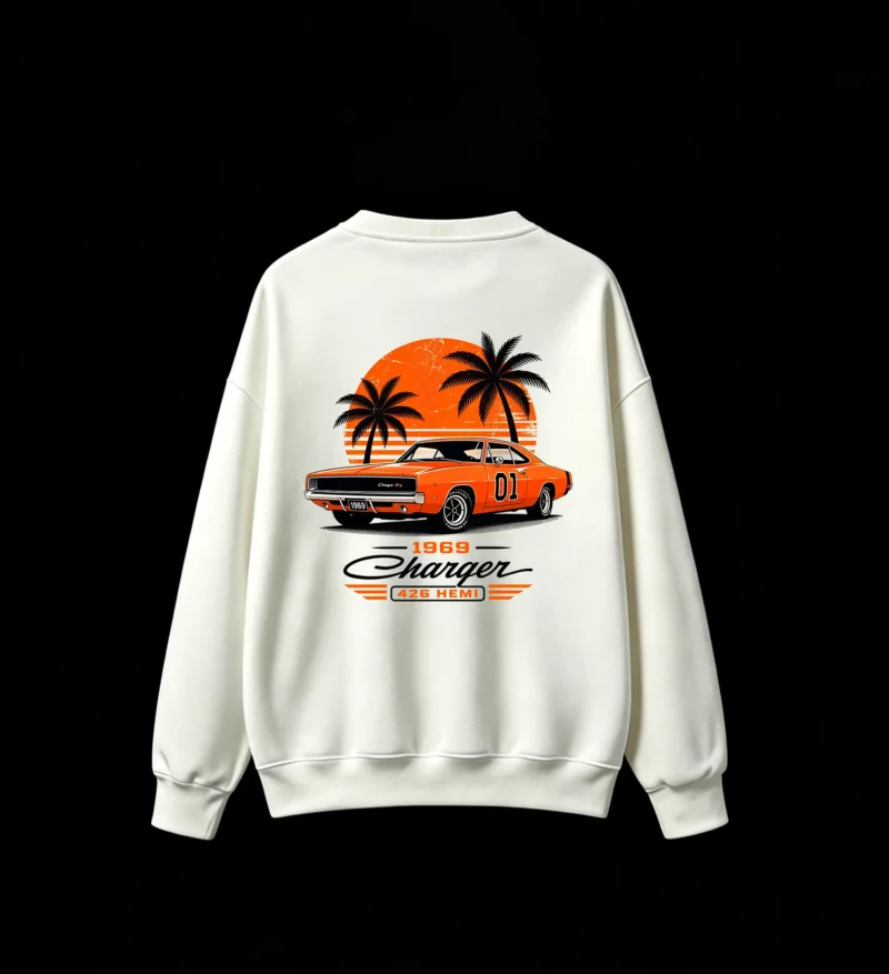 1969 Dodge Charger R/T General Lee 426 Hemi Retro Sunset Palm Trees Graphic Print - Men's Oversized Crew Neck Sweatshirt