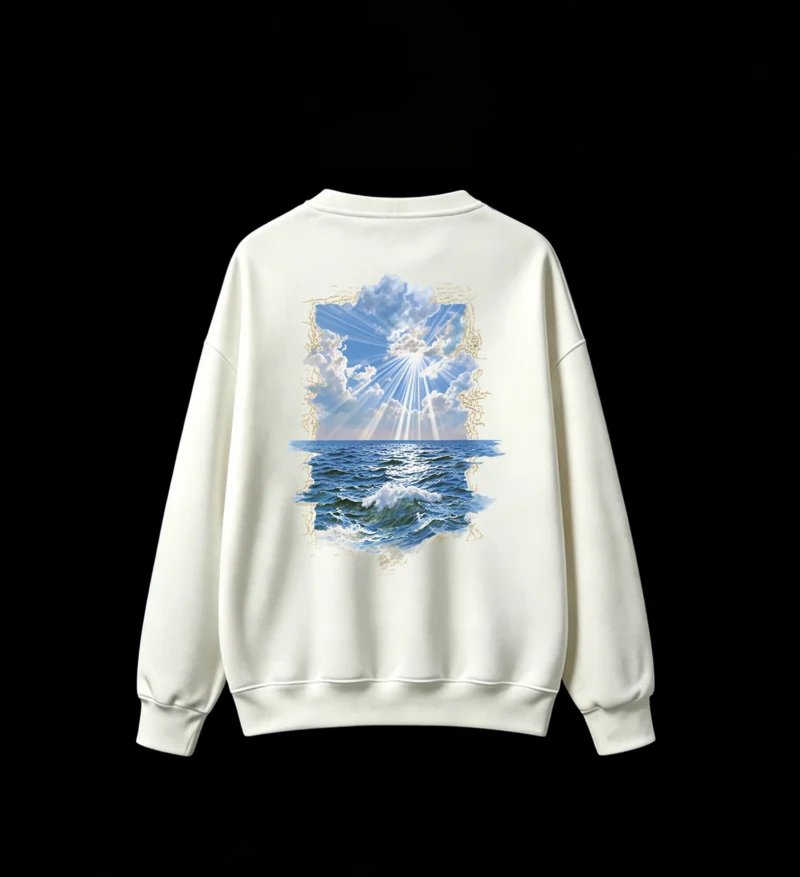 白卫 Seascape Sun Rays Ocean Waves Artistic Torn Paper Frame Print - Men's Women's Casual Crew Neck Oversized Hoodie