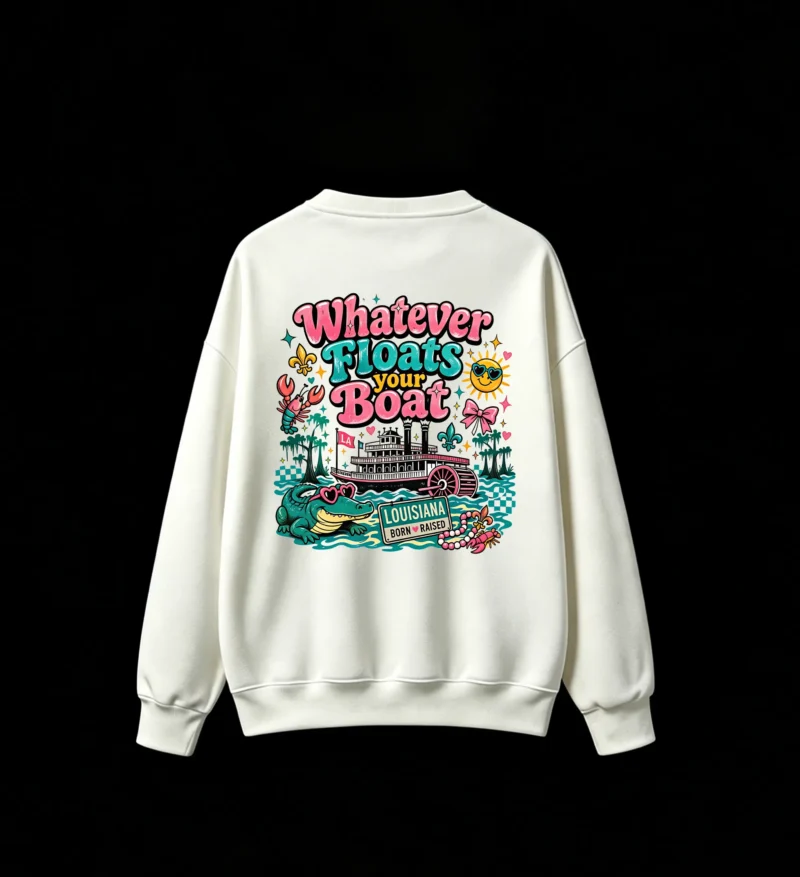 白卫 Louisiana Born Raised Whatever Floats Your Boat Alligator Sun Paddlewheel Riverboat Fleur De Lis Mardi Gras Beads Crawfish Graphic Back Print Crew Neck Sweatshirt