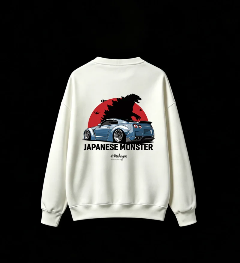Nissan GT-R Modified Sports Car with Red Sun and Helicopter Silhouette - Men's Crew Neck Sweatshirt